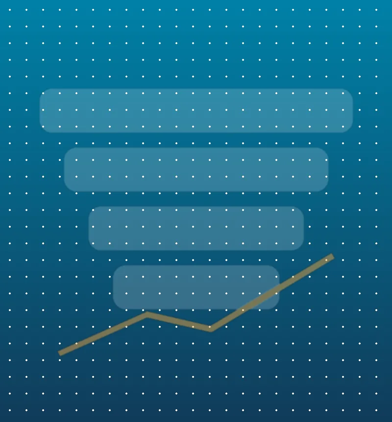 Abstract teal background with funnel bars and a rising trend line